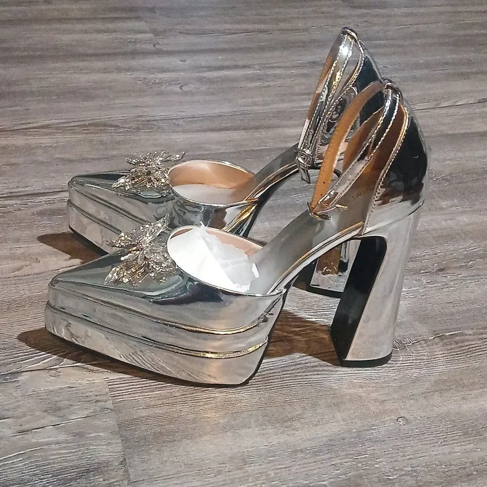 Funny She Jill silver platform butterfly embellished heels Sz 9.5